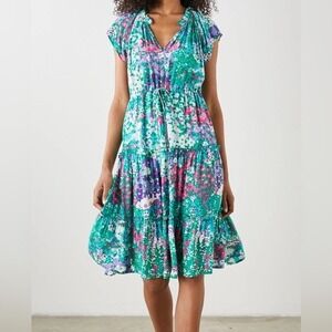 Rails Juni Gardenia Floral Midi Dress Green Pink Tiered Large